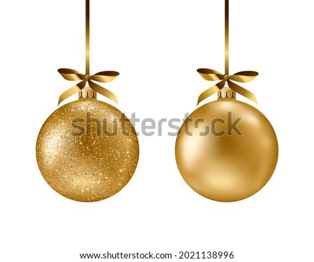 Golden ball set isolated on white background. Vector illustration. Merry Christmas and Happy New Year 2022 sphere decoration hanging with gold ribbon bow. Holiday Xmas toy bauble for fir tree Royalty-Free Stock Photo #2021138996