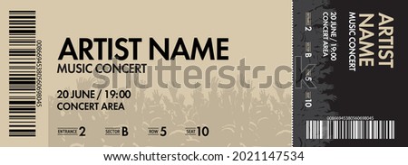 Concert ticket template. Concert, party or festival ticket design template with crowd of people in background. Vector Royalty-Free Stock Photo #2021147534
