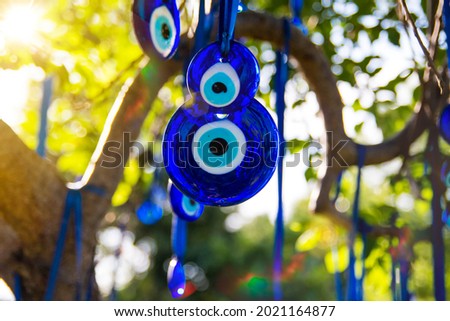Evil eye charms are hanging on the branches with sunlights. Evil eye glasses.