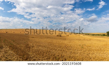 Beautiful landscape near Strazovice in the Czech Republic. Harvested grain in the field. Blue sky and clouds.