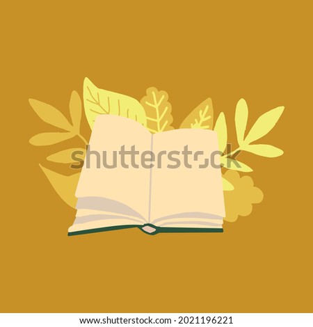 book and leaves hand drawn in trending color 2021. scandinavian hygge. cozy home. library, learning, reading, copy space, place for text