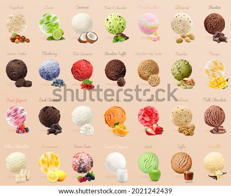Set of ice creams with different flavors. Ice cream menu with scoops. Hazelnut, lime, coconut, mint chocolate, marshmallow, almond,  cream, blueberry, red currant, truffle, chip cookie, pistachio, man Royalty-Free Stock Photo #2021242439