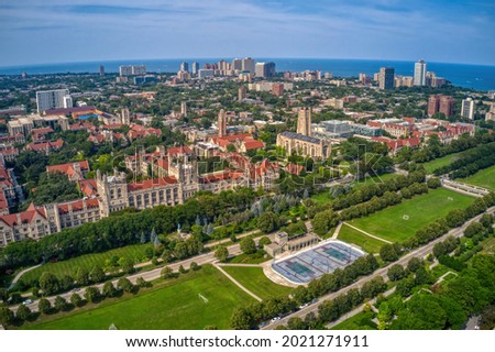 Aerial View of a large University in the Chicago Neighborhood of Hyde Park Royalty-Free Stock Photo #2021271911