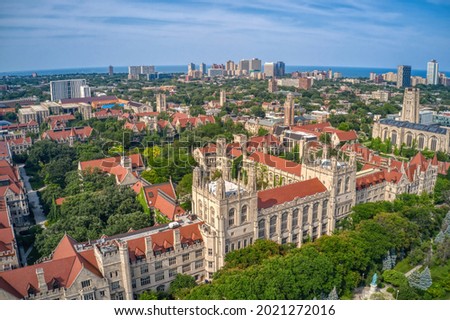Aerial View of a large University in the Chicago Neighborhood of Hyde Park Royalty-Free Stock Photo #2021272016