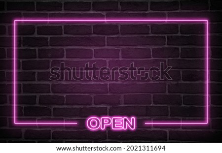 OPEN neon sign light billboard in night time. Glowing pink neon signboard 3D letters on stone texture wall background. Design for shop, restaurant, caffe reopening after covid-19 coronavirus