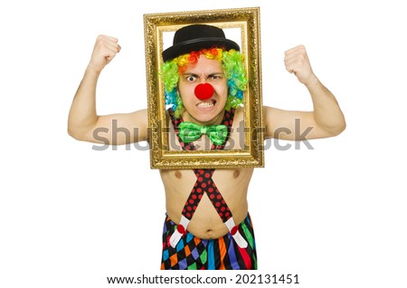 Clown with picture frame isolated on white