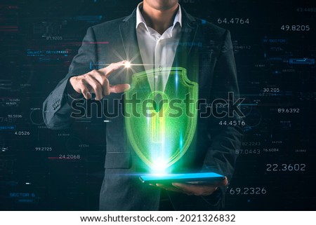 Futuristic shield guard icon and businessman, finance security banking online, future digital money and financial investment safe and secure.