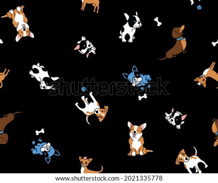  hand-drawn color seamless repeating childish simple pattern with cute dogs, bones and bowls on a black background.Dogs print. Cute animals. Pets.
