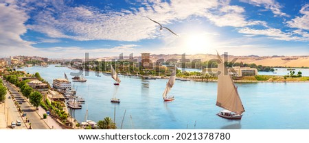 Aswan city and sailboats beautiful Nile panorama, aerial view, Egypt Royalty-Free Stock Photo #2021378780