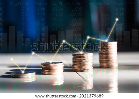Stack Coin with Chart Stock Market Business Finance technology,Digital Data Money Laptop Computer,Investment Growth Graph Diagram Financial Communication,Work Card Paper Office Croporate,Trade Forex. Royalty-Free Stock Photo #2021379689