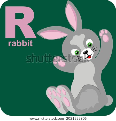 The alphabet cube with the letter R is a rabbit. Vector illustration on the theme of games and education.