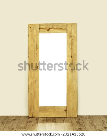 Mirror with a wide wooden frame on the floor. Rough wood grain processing. Reflection template. Mockup plain white background. Rustic interior.