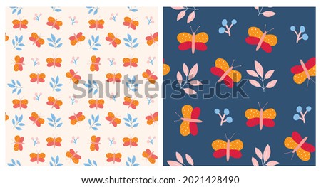 Cute Hand Drawn Nursery Vector Patterns with Funny Butterflies and Flowers. Lovely Childish Print with Abstract Garden and Butterflies Isolated on a Light Cream and Dark Blue Background.