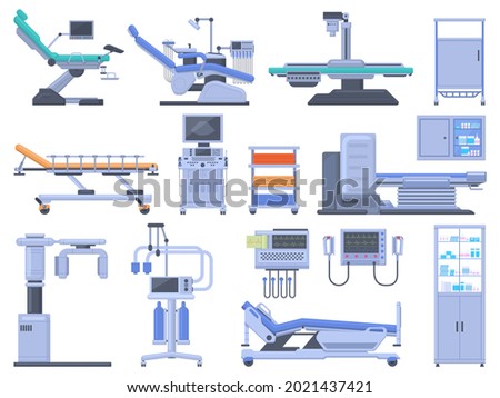 Healthcare hospital clinic medical diagnostic equipment devices set. Medical checkup MRI scanner, dentist chair vector illustration set. Healthcare diagnostics equipment for health examination Royalty-Free Stock Photo #2021437421