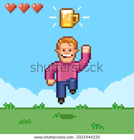 colorful simple flat pixel art illustration of cartoon smiling male retro video game character bouncing under a mug of beer