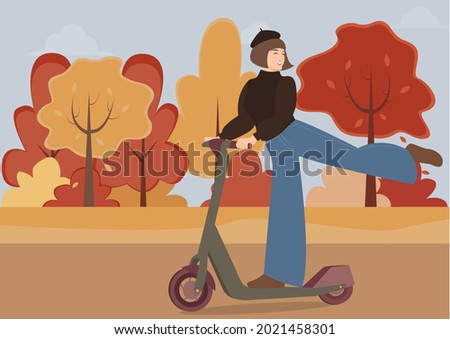 A cute girl in beret and wide leg jeans rides a scooter, lifts her leg and smiles. Background landscape with autumn forest or park. Vector illustration. The concept of active rest.