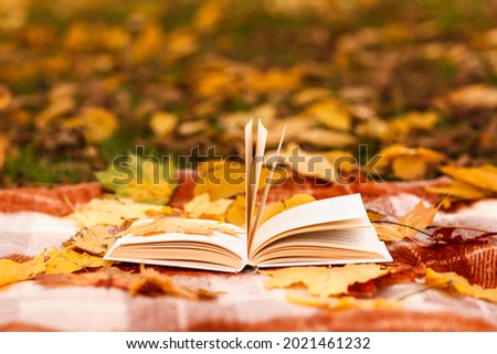 Open book on autumn park background. Book on a plaid with autumn fallen leaves on it.