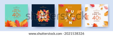 Autumn Sale background, banner, or flyer design. Set of colorful autumn posters with bright beautiful leaves frame, paper cut style letters and lettering. Template for advertising, web, social media Royalty-Free Stock Photo #2021538326