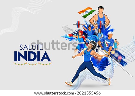 illustration of Indian sportsperson from different field  victory in championship on tricolor India background Royalty-Free Stock Photo #2021555456