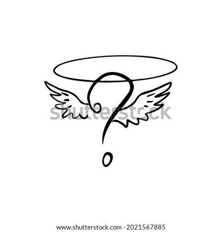 Question mark drawing, wings, halo vector illustration hand drawn .