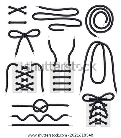 Shoelaces spiral curly coiled wavy white black realistic set with shoes corset bodies lacing patterns vector illustration