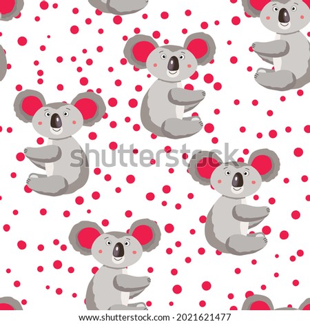 Seamless pattern with cute koala baby and hearts on white polka dots background. Funny Australian animals. Card, postcards for kids. Flat vector illustration for fabric, textile, poster, print.