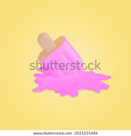 Pink stick ice cream melting on a illuminating yellow background. Creative idea, minimal summer concept.