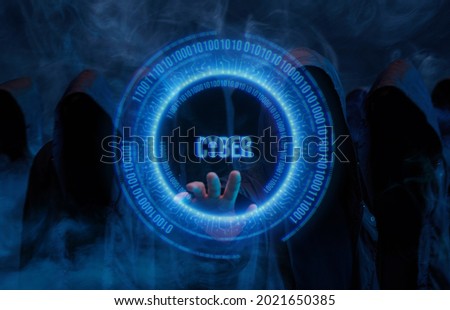 Dangerous hacker presses the start button. Internet, cyber crime, cyber attack, system, game, breaking and malware concept. Dark background. Futuristic holographic interface to display data.