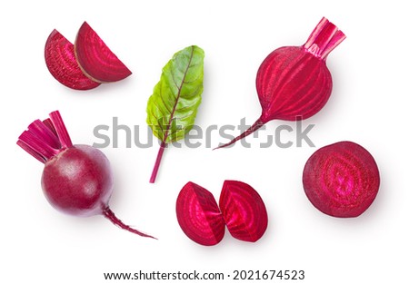 Fresh whole and sliced beetroot isolated on white background. High angle view. Royalty-Free Stock Photo #2021674523