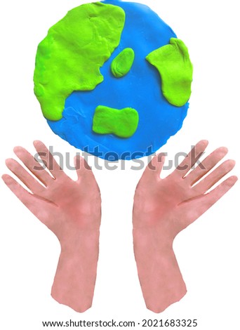3d hands holding earth globe clay art