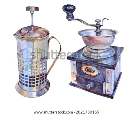 Set watercolor old coffee grinder mill and french press for hot aroma beverage isolated on white background. Good morning hot drink with caffeine or tea. Hand-drawn clip art for cafeteria, menu, cafe