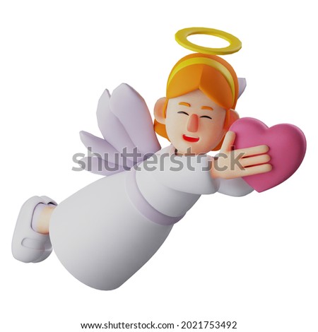 3D Illustration. Beautiful Angel 3D cartoon character. Little angel with flying pose. Angel flew while holding her heart. Angel showed her sweet smile. 3D cartoon character