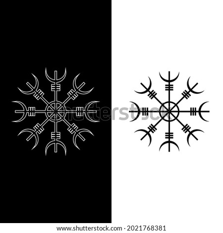 Icon symbol helm of Awe. Scandinavian sign aegishjalmur, helm of terror. Wicca isolated icon in black with white outline. Esotericism, witchcraft. Vector illustration on white and black background  Royalty-Free Stock Photo #2021768381