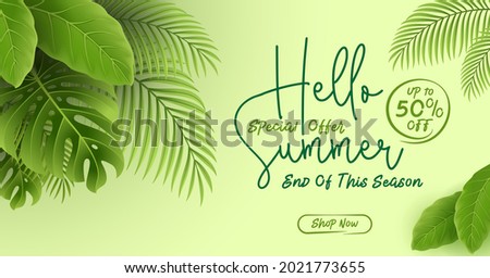 Hello summer sale banner with tropical leaves background