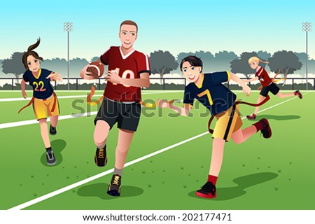 A vector illustration of young people playing flag football
