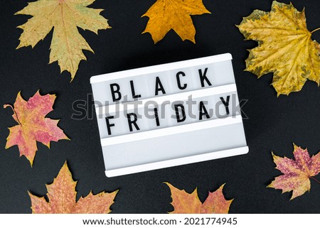 Lightbox with text BLACK FRIDAY around autumn fall leaves, Sale shopping concept. Online shopping Template Black friday sale mockup fall thanksgiving promotion advertising Big sale. Cyber monday.