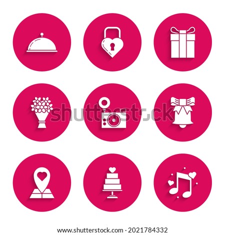 Set Photo camera, Wedding cake with heart, Music note, tone hearts, Ringing bell, Map pointer, Bouquet of flowers, Gift box and Covered tray food icon. Vector