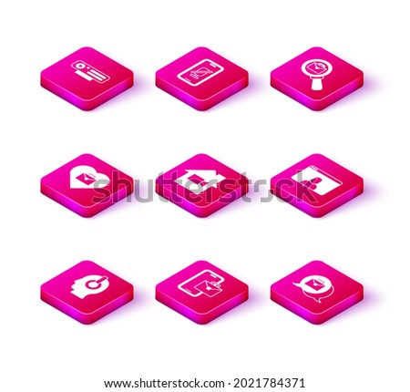 Set Freelancer, Heart with text work, Video camera Off in home, Online working, chat conference, Magnifying glass briefcase and Mute microphone mobile icon. Vector