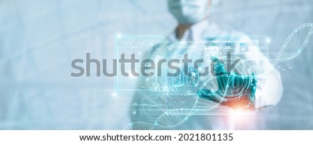 Healthcare and medicine, Doctor touch and diagnose a virtual Human Lungs with Covid-19 or coronavirus spread inside on modern interface screen on laboratory, Innovation and Medical technology.  Royalty-Free Stock Photo #2021801135