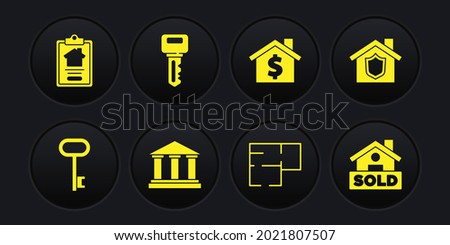 Set House key, with shield, Museum building, plan, dollar symbol, Hanging sign text Sold and contract icon. Vector