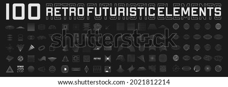 Set of retrofuturistic design elements. Perspective grids, tunnels, RETRO title, polar grid, geometry, portals, gravity visualization. Pack of cyberpunk 80s style design elements. Vector Royalty-Free Stock Photo #2021812214