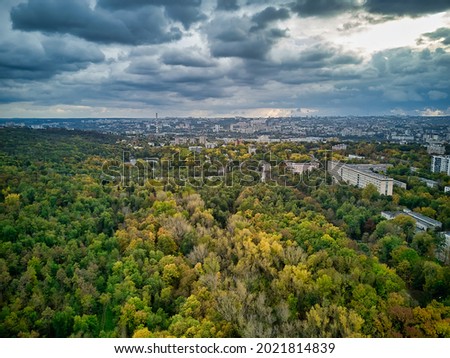 Aerial view of the city at sunset. Beautiful autumn city landscape. Kishinev, Moldova republic of.