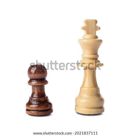 Wooden king and pawn on white background