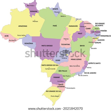 Brazil administrative map with states and capitals. Colored. Vector Royalty-Free Stock Photo #2021842070