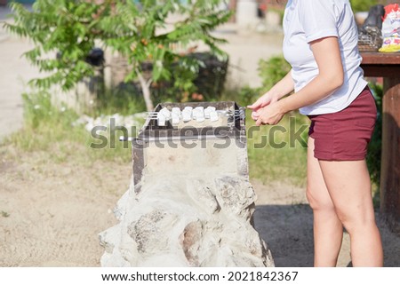 Girl is frying marshmallows on the grill. Backyard picnic for Memorial or Labor Day. Summer fun. High quality photo