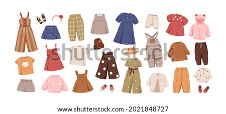 Modern kids clothes set. Summer fashion garments for boys and girls. Collection of stylish casual children wearing. Flat vector illustration of childish dresses and pants isolated on white background Royalty-Free Stock Photo #2021848727