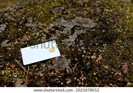 Bank card on a stone in nature. The concept of payment for nature.