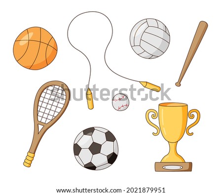 Set of sports equipment. School lessons. Balls, racket, award, etc. Colored isolated illustrations in cartoon style on a white background.