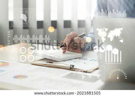 Businessman analyzing sales data and economic growth graph chart. Business strategy. Abstract icon. Stock market. Digital marketing.