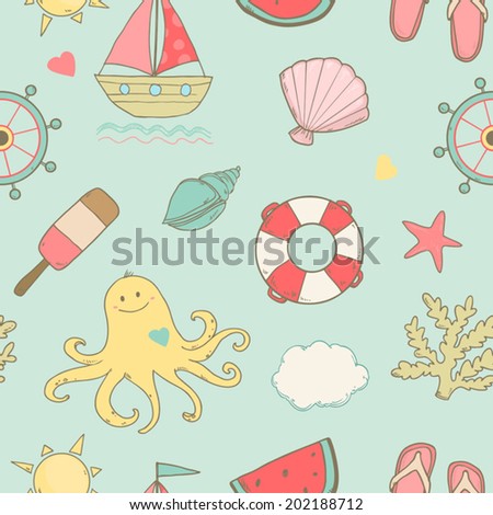 Summer sea cute pattern seamless with sea animals and marine items